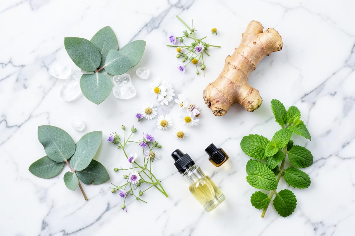 Natural topical relief ingredients: menthol crystals, eucalyptus, arnica, ginger and essential oil bottles