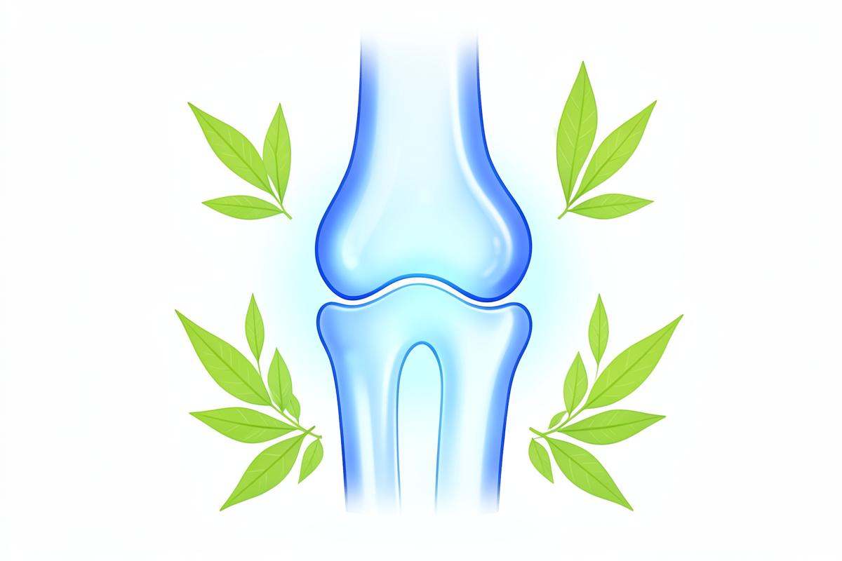Illustration of a knee joint with a cooling effect surrounded by botanical leaves