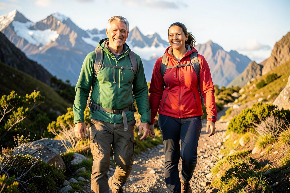 Active older couple hiking a mountain trail in Argentina
